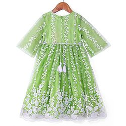 Babyhug Woven Three Fourth Sleeves Floral & Sequin Embroidered Ethnic Dress - Limegreen