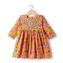 Babyhug Cotton Woven Three Fourth Sleeves Floral Printed Kurti Gharara Set with Dupatta - Orange