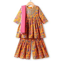 Babyhug Cotton Woven Three Fourth Sleeves Floral Printed Kurti Gharara Set with Dupatta - Orange
