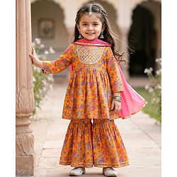 Babyhug Cotton Woven Three Fourth Sleeves Floral Printed Kurti Gharara Set with Dupatta - Orange