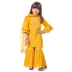 Babyhug Woven Three Fourth Bell Sleeves Kurti Gharara & Dupatta Set with Floral Embroidery - Mustard