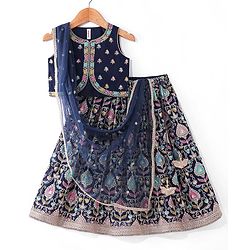 Babyhug Woven Sleeveless  Georgett Sequinned Embroidered Lehenga Choli & Dupatta Set-Navy Blue