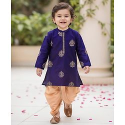Babyhug Woven Full Sleeves Floral Embroidered Kurta with Dhoti Set - Navy Blue