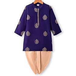 Babyhug Woven Full Sleeves Floral Embroidered Kurta with Dhoti Set - Navy Blue