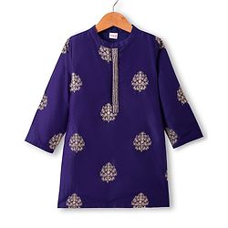 Babyhug Woven Full Sleeves Floral Embroidered Kurta with Dhoti Set - Navy Blue