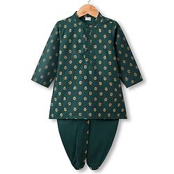 Babyhug Woven Full Sleeves Kurta Dhoti Set With Floral Foil Print - Dark Green