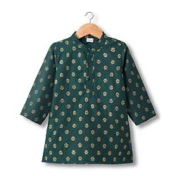 Babyhug Woven Full Sleeves Kurta Dhoti Set With Floral Foil Print - Dark Green