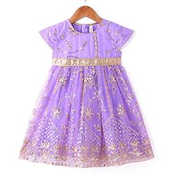 Babyhug Woven Short Sleeves Net Sequin Floral Embroidered Ethnic Dress -  Lavender