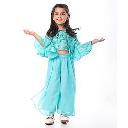 Babyhug Woven Sequinned Top with Palazo & Net Embroidered Bell Sleeves Shrug Set - Aqua