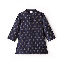 Babyhug Woven Full Sleeves Kurta Dhoti Set with Ethnic Motif Glitter Print - Navy Blue