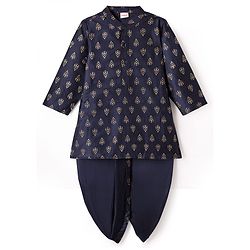 Babyhug Woven Full Sleeves Kurta Dhoti Set with Ethnic Motif Glitter Print - Navy Blue