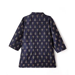 Babyhug Woven Full Sleeves Kurta Dhoti Set with Ethnic Motif Glitter Print - Navy Blue