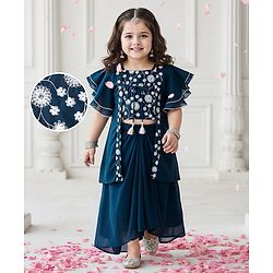 Babyhug Woven Floral Embroidered Lehenga Choli Set with Flutter Sleeves Jacket - Teal