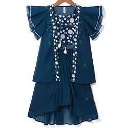 Babyhug Woven Floral Embroidered Lehenga Choli Set with Flutter Sleeves Jacket - Teal