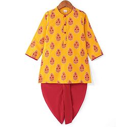 Babyhug Cambric Woven Full Sleeves Floral Printed Kurta Dhoti Set - Mustard & Maroon