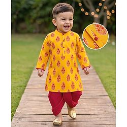 Babyhug Cambric Woven Full Sleeves Floral Printed Kurta Dhoti Set - Mustard & Maroon