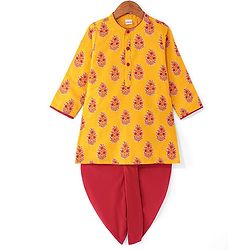 Babyhug Cambric Woven Full Sleeves Floral Printed Kurta Dhoti Set - Mustard & Maroon