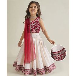 Babyhug Woven Sleeveless Floral Sequin  Embroidered Choli with Brocade Lehenga & Dupatta Set - Red & Off White