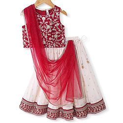 Babyhug Woven Sleeveless Floral Sequin  Embroidered Choli with Brocade Lehenga & Dupatta Set - Red & Off White