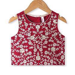 Babyhug Woven Sleeveless Floral Sequin  Embroidered Choli with Brocade Lehenga & Dupatta Set - Red & Off White