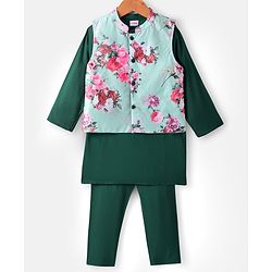 Babyhug Woven Full Sleeves Solid Color Kurta Pyjama Set with Floral Printed Jacket - Dark Green