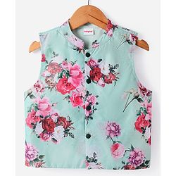 Babyhug Woven Full Sleeves Solid Color Kurta Pyjama Set with Floral Printed Jacket - Dark Green