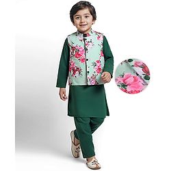 Babyhug Woven Full Sleeves Solid Color Kurta Pyjama Set with Floral Printed Nehru Jacket - Dark Green
