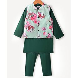 Babyhug Woven Full Sleeves Solid Color Kurta Pyjama Set with Floral Printed Nehru Jacket - Dark Green