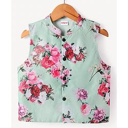 Babyhug Woven Full Sleeves Solid Color Kurta Pyjama Set with Floral Printed Nehru Jacket - Dark Green