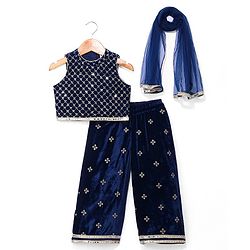 Babyhug Woven Sleeveless Top Palazzo & Dupatta Set with Sequin Embroidery - Navy Blue