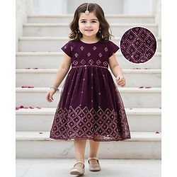 Babyhug Woven Cap Sleeves Sequin Embroidered Ethnic Dress - Magenta
