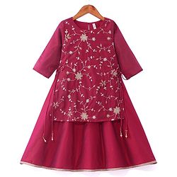 Babyhug Woven Full Sleeves Floral Embroidered Ethnic Dress - Fuschia