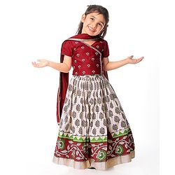 Babyhug Short Sleeve Angarakha Embroide Choli with Printed Lehenga & Dupatta Set- Maroon & White