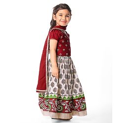 Babyhug Short Sleeve Angarakha Embroide Choli with Printed Lehenga & Dupatta Set- Maroon & White