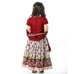 Babyhug Short Sleeve Angarakha Embroide Choli with Printed Lehenga & Dupatta Set- Maroon & White