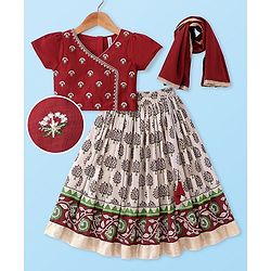 Babyhug Short Sleeve Angarakha Embroide Choli with Printed Lehenga & Dupatta Set- Maroon & White