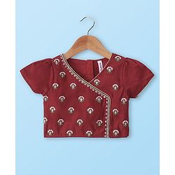 Babyhug Short Sleeve Angarakha Embroide Choli with Printed Lehenga & Dupatta Set- Maroon & White