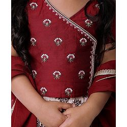 Babyhug Short Sleeve Angarakha Embroide Choli with Printed Lehenga & Dupatta Set- Maroon & White