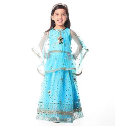 Babyhug Woven Sequin Embroidered Choli Lehenga Set with Half Sleeves Poncho - Sky Blue
