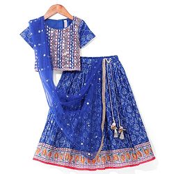 Babyhug Woven Half Sleeves Sequin Embroidered Bandhani Printed Choli & Crushed Lehenga Set with Dupatta & Tassle Detailing - Royal Blue