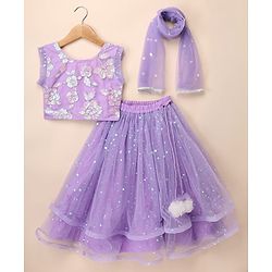 Babyhug Net  Woven Frill Sleeves  Sequinned Floral Embroidered Choli Lehenga Set with  Dupatta - Purple
