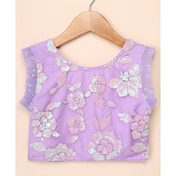 Babyhug Net  Woven Frill Sleeves  Sequinned Floral Embroidered Choli Lehenga Set with  Dupatta - Purple