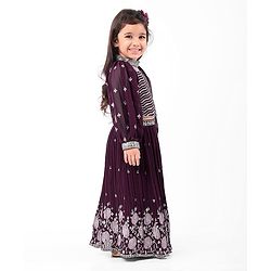 Babyhug Crepe Silk Pleated Sequinned Embroidered Choli & Lehenga Set with Detachable Full Sleeves - Wine