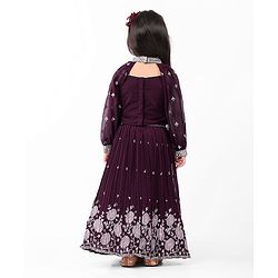 Babyhug Crepe Silk Pleated Sequinned Embroidered Choli & Lehenga Set with Detachable Full Sleeves - Wine
