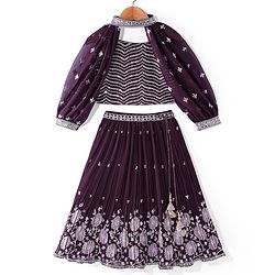 Babyhug Crepe Silk Pleated Sequinned Embroidered Choli & Lehenga Set with Detachable Full Sleeves - Wine