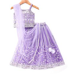 Babyhug Net Woven Sleeveless Singlet Sleeves Sequinned Floral Embroidered Lehenga Choli & Dupatta Set- Lilac