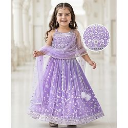 Babyhug Net Woven Sleeveless Singlet Sleeves Sequinned Floral Embroidered Lehenga Choli & Dupatta Set- Lilac