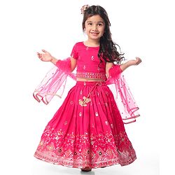 Babyhug Woven Short Sleeves Sequin Embroidered Choli With Lehenga & Dupatta Set Tassle Detailing - Dark Pink