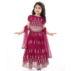 Babyhug Woven Half Sleeves Sequin Embroidered Choli Lehenga Set with Dupatta - Wine