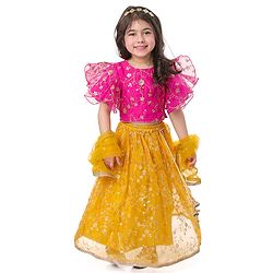 Babyhug Woven Flutter Sleeves Floral Net Embroidered Choli Lehenga & Dupatta Set - Yellow & Pink